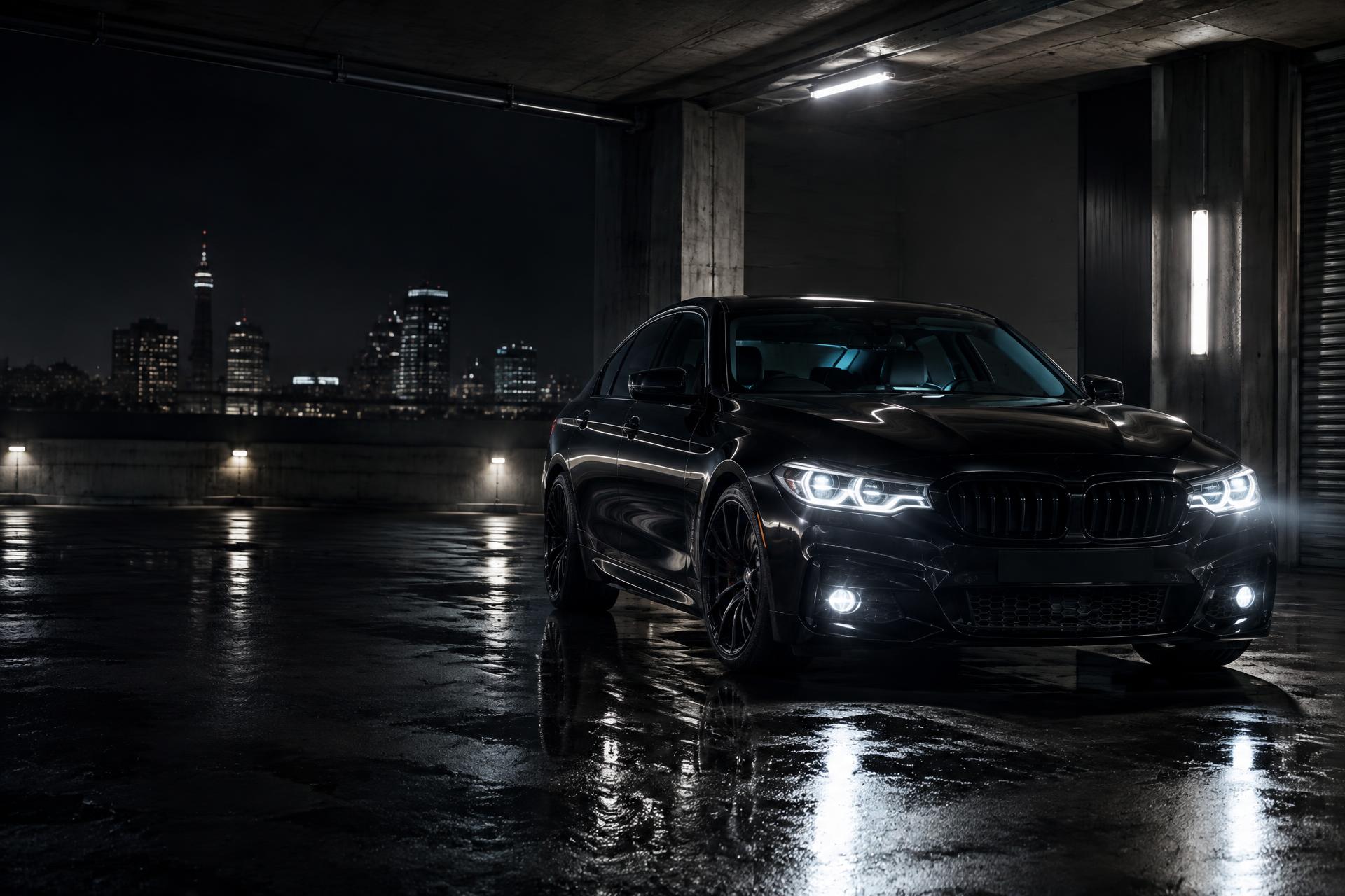 Black luxury vehicle illuminated by LED headlights in a Johannesburg garage at night